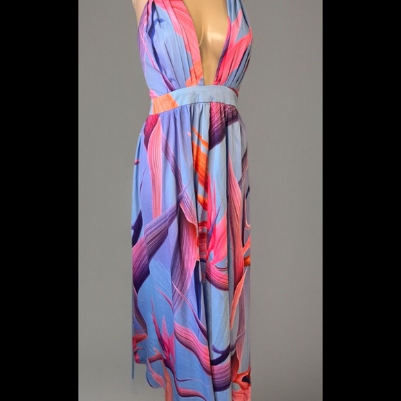 Floral statement Maxi Dress in Blue and Orange tangerine boho flowy bohemian 3Xl - Picture 5 of 7